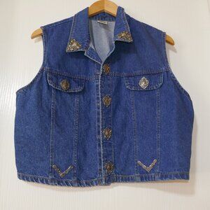 Vintage Women's Denim Western Vest Silver Embellished Big Time XXL